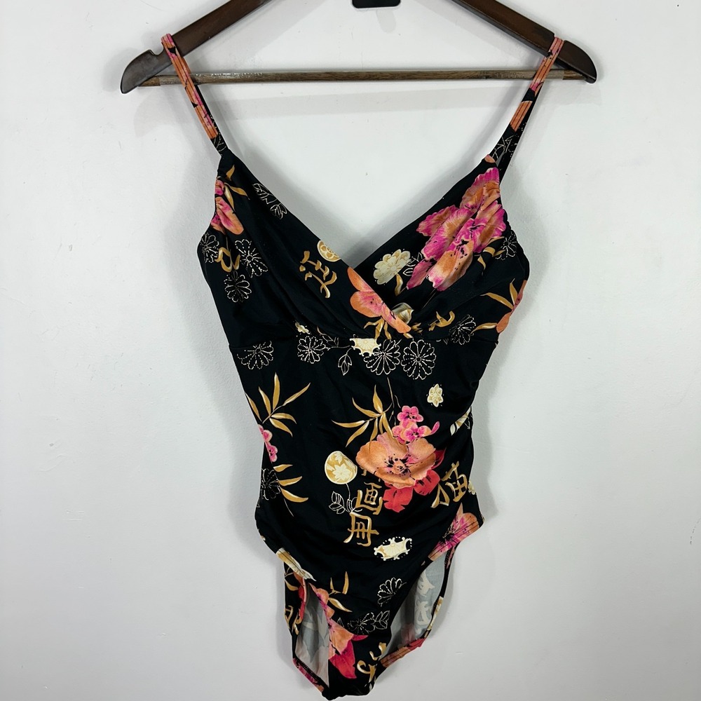 Sun Streak Newport News One Piece Swimsuit 12T Black Floral Asian Print Y2K  Vtg